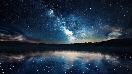 Milky way galaxy reflecting on calm lake at night