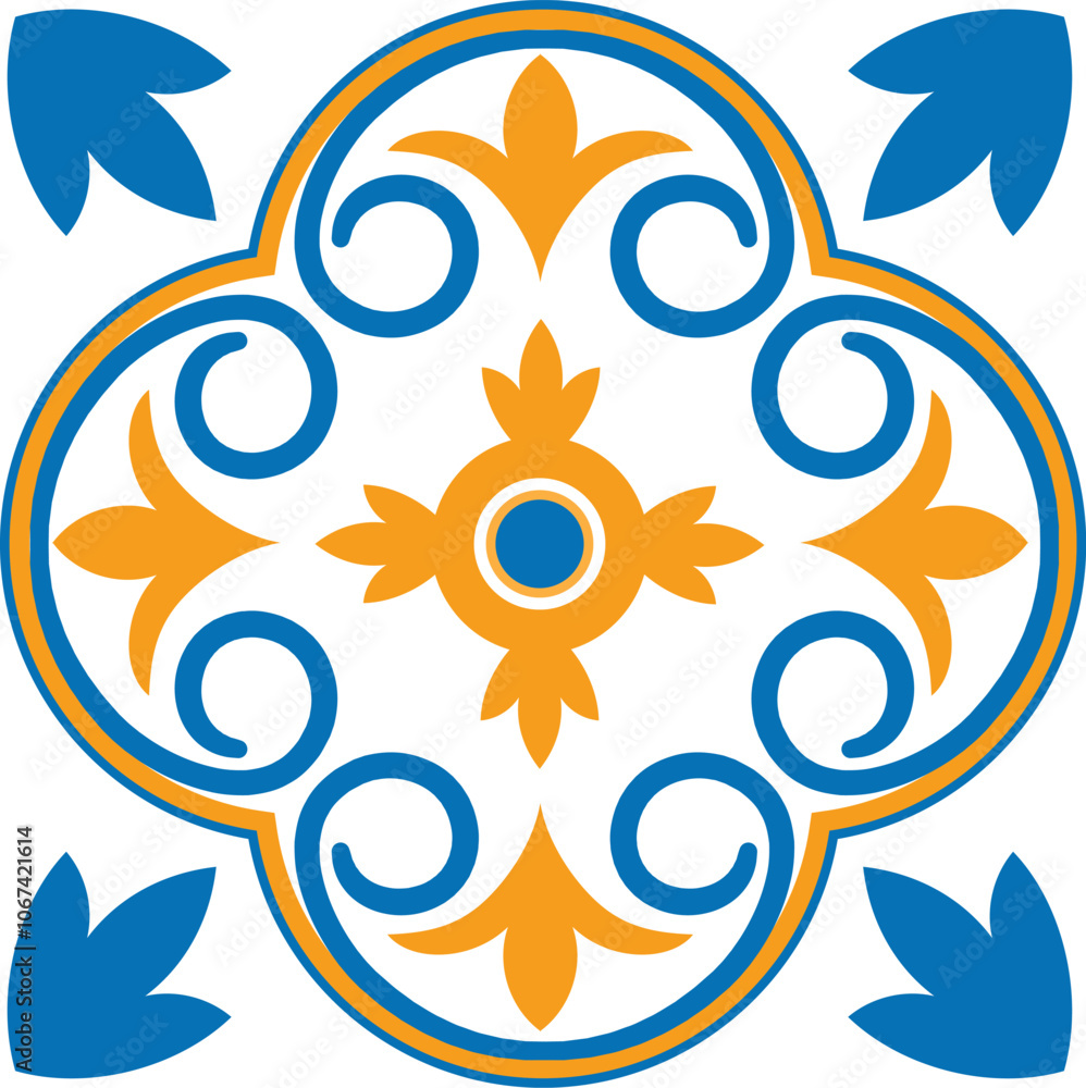 Poster quatrefoil shape with blue and gold arabesque pattern creating an elegant and intricate design, idea