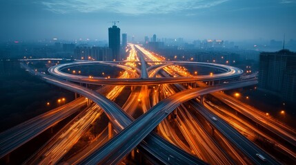 Top view of busy expressway, multiple overpasses, glowing city lights, evening sky, intricate road network