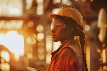 Obraz premium Petroleum oil refinery engineer black woman worker in oil and gas industrial with personal safety equipment PPE to inspection follow checklist by tablet hardhat helmet adult.