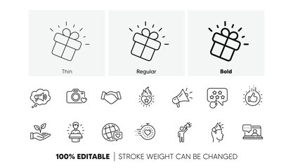 Influence people, Megaphone and Representative. Brand ambassador line icons. Handshake, influencer marketing person, ambassador person icons. Linear set. Line icons set. Vector