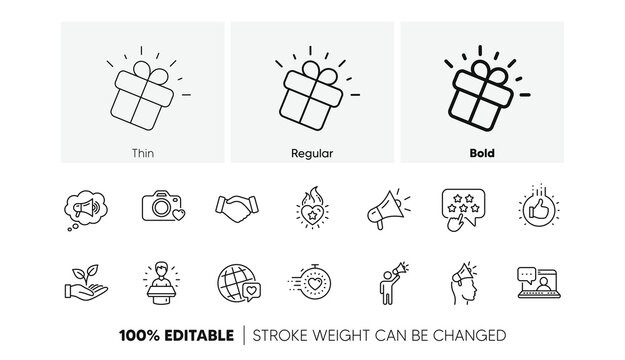Influence people, Megaphone and Representative. Brand ambassador line icons. Handshake, influencer marketing person, ambassador person icons. Linear set. Line icons set. Vector