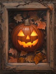Obraz premium A carved pumpkin with a smiling face illuminates the frame, creating a whimsical and festive Halloween atmosphere. The autumn leaves surrounding the pumpkin represent the changing seasons and the appr