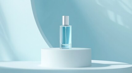 A clear blue perfume bottle displayed on a minimalist pedestal against a soft background.