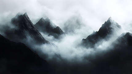 A misty mountain landscape with rolling hills covered in thick forest and soft clouds

