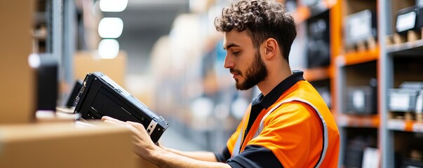 Warehouse worker processing returned electronics, organized workflow