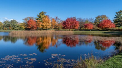 A tranquil pond reflecting vibrant autumn foliage under a clear blue sky.