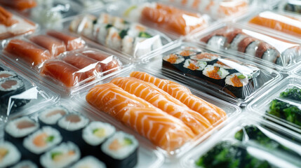 Assorted packaged sushi meals for fresh takeaway options and quick dining convenience