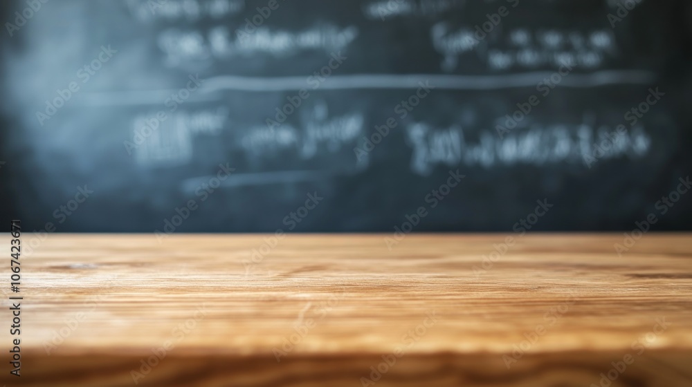 Poster a wooden table in front of a chalkboard with written equations and notes.