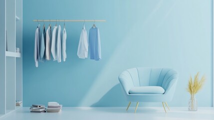 A minimalist room featuring a blue wall, a stylish chair, and hanging clothes.