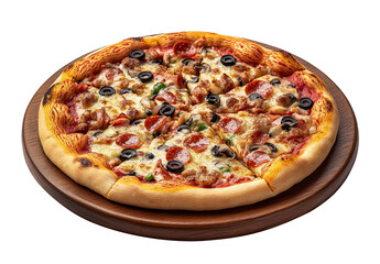 Salami pizza with olives, cheese and basil leaves on a wooden plate isolated on a transparent background, png cutout. 
