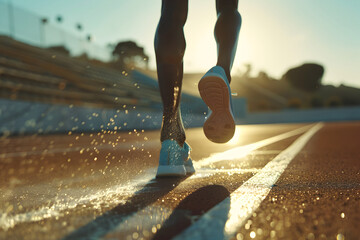 Runner strides on a sunlit track, droplets splashing underfoot during an afternoon workout session