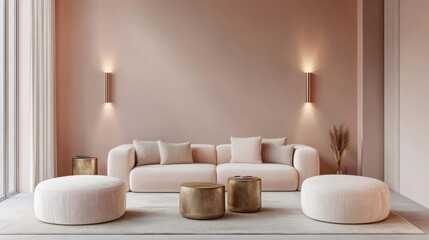 Modern living room with pink walls, white sofa and gold accents