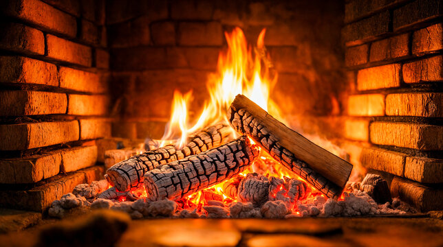 Gros plan sur un feu de bois dans une chemin&eacute;e
