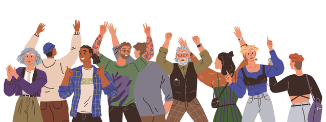 A diverse group of animated people raises their hands in celebration. Highlighting unity and community. Ideal for diversity inclusion events community celebration social gatherings and teamwork