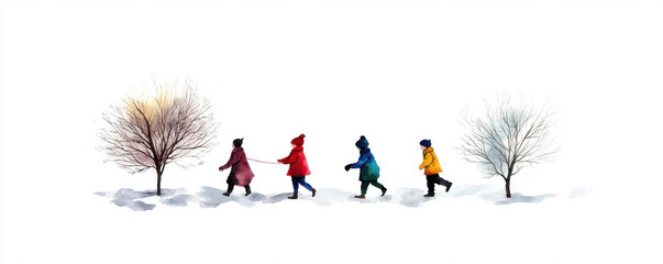 Children in colorful winter clothes joyfully walk through fresh snow between bare trees on bright winter day