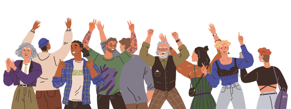 A diverse group of animated people raises their hands in celebration. Highlighting unity and community. Ideal for diversity inclusion events community celebration social gatherings and teamwork