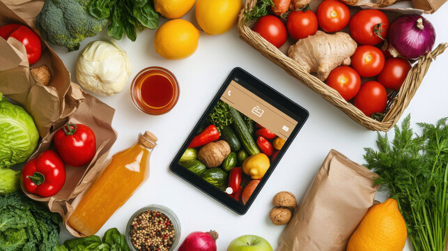 Fresh grocery delivery app on tablet amid organic vegetables