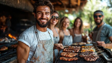 Group of friends enjoying a summer barbecue together, smiling at the camera with grilled meat in the foreground.