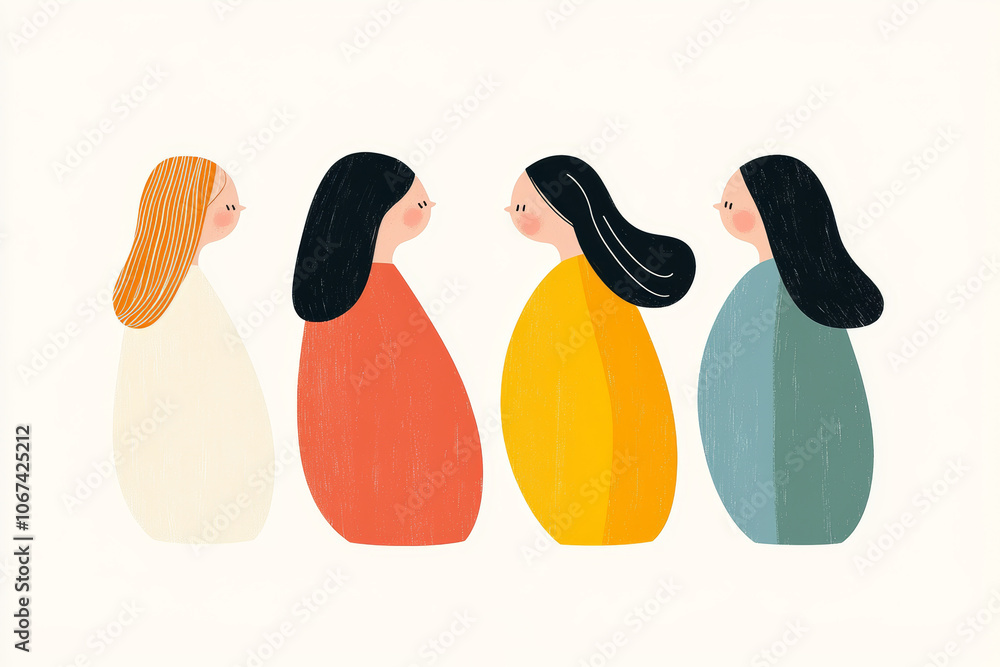 Poster four colorful abstract figures engage in conversation in a minimalist style on a neutral background 