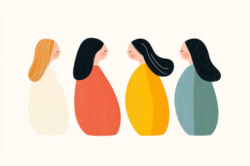 Four colorful abstract figures engage in conversation in a minimalist style on a neutral background in a warm, inviting setting