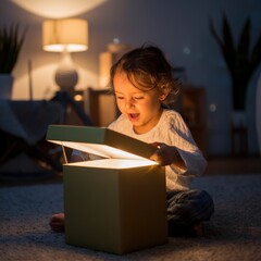 Naklejka premium Adorable baby opening a magical glowing gift box, illuminated by sparkling light and expressing pure Christmas wonder and joy.