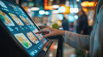 Close-up of customer using self-service digital kiosk in modern restaurant setting