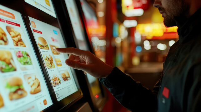 Close-up of a customer using a self-service digital ordering kiosk in a fast-food environment