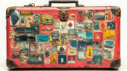 Fototapeta premium travel suitcase covered in colorful stickers from various destinations isolated on a white background embodying adventure exploration and the excitement of journeys