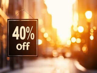 A promotional sign displaying "40% off" hangs in a warm, sunlit urban street, suggesting a sale or discount in a dynamic shopping environment.