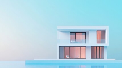 Modern minimalist house with large windows reflecting a serene environment.