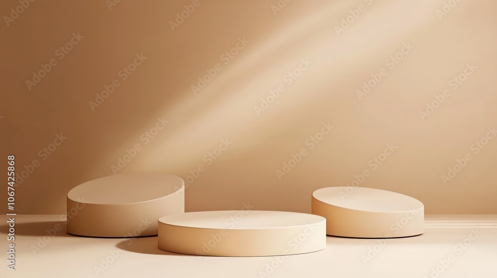Poster minimalist display featuring three smooth, rounded platforms in soft, neutral tones.