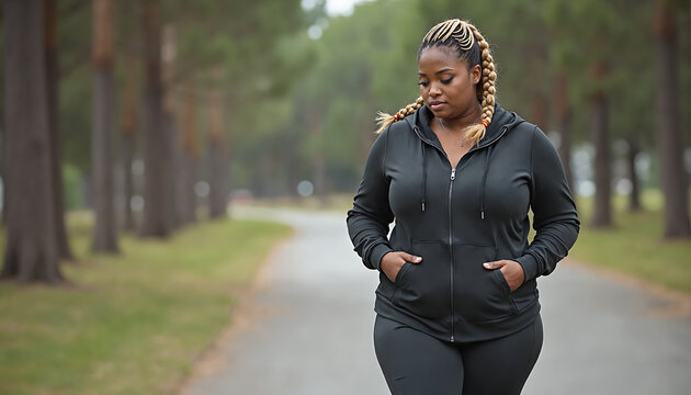 Curvy woman in black jogging suit, walking on path. She stands out against natural backdrop with trees and sidewalk. Her serious expression suggests concentration or contemplation. 