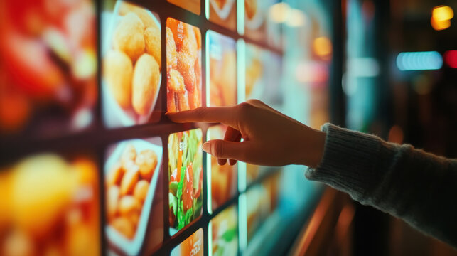 Close-up of customer's hand selecting a meal from digital menu for fast food experience