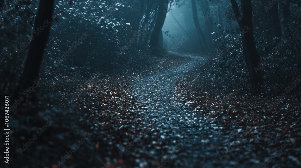 Poster a winding path through a misty forest, with fallen leaves and trees lining the edges.