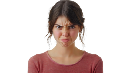 Angry young woman portrait capturing furious girl’s annoyed expression, isolated emotion of a frowning female adult, emphasizing the depth of intense feelings and frustration