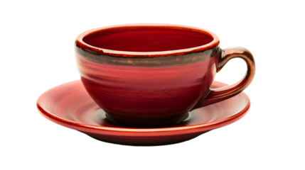 Red or cup with tray porcelain mug isolated on a white background, perfect for enjoying hot beverage like tea or coffee, classic, transparent cutout ideal for cafe or teatime mockup designs, png