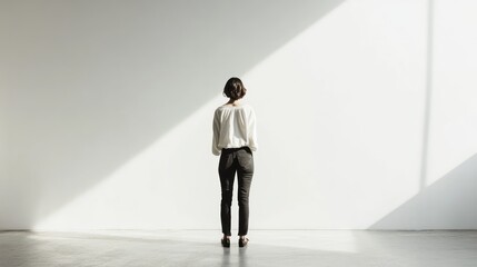 Fototapeta premium A woman stands alone, gazing at a blank wall illuminated by natural light.