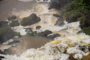 Top view of rocks and waterfalls of Iguazu Falls, Misiones, Argentina