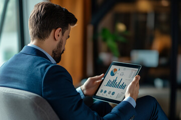 back view of businessman looking on financial data on tablet