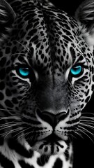 Obraz premium Close-up of a black and white leopard with bright blue eyes.