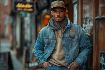 Obraz premium trendy young man wearing a stylish cap and blue jeans exuding confidence and modern fashion sense in an urban setting showcasing individuality and contemporary style