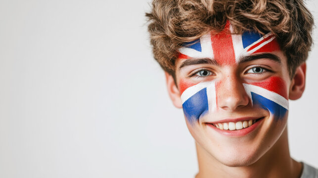 Young man with british flag face paint - studio portrait for national celebration and cultural expression