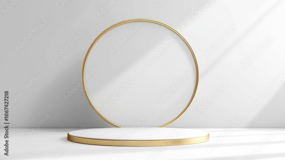 Poster a minimalist display featuring a circular frame and a round pedestal on a clean background.