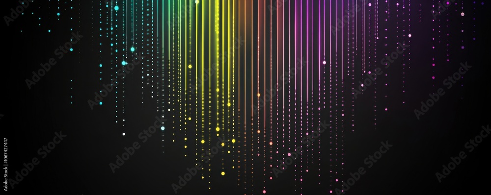 Poster abstract black background with colorful neon dots and lines