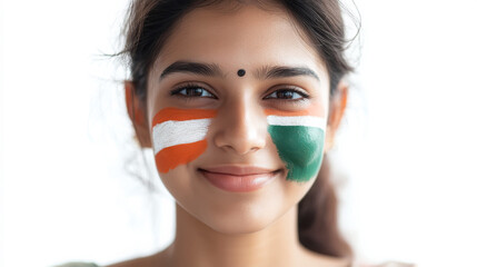 Portrait of a young woman with indian flag face paint - cultural pride and identity