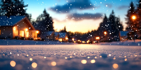 Snow falls gently on a quiet suburban street, illuminating houses with warm glow.