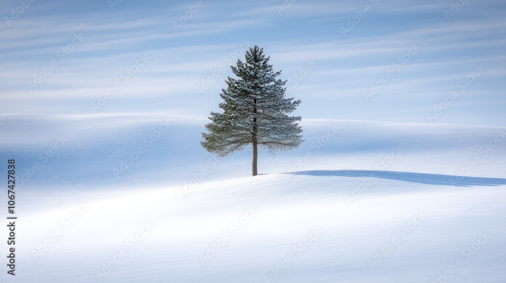 Poster a lone evergreen tree stands tall against a backdrop of a snowy landscape. the wind has created a sw