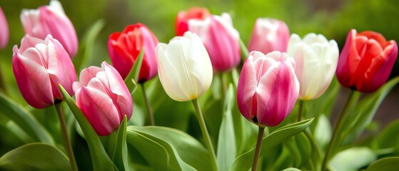 Naklejka premium A vibrant display of pink, red, and white tulips blooms gracefully, surrounded by lush green foliage, exuding a sense of springtime beauty.