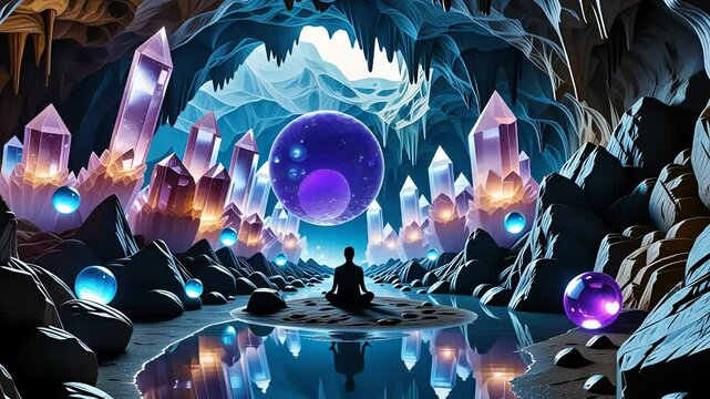 Enchanted crystal cave: mystical orb journey through vibrant geodes and reflections